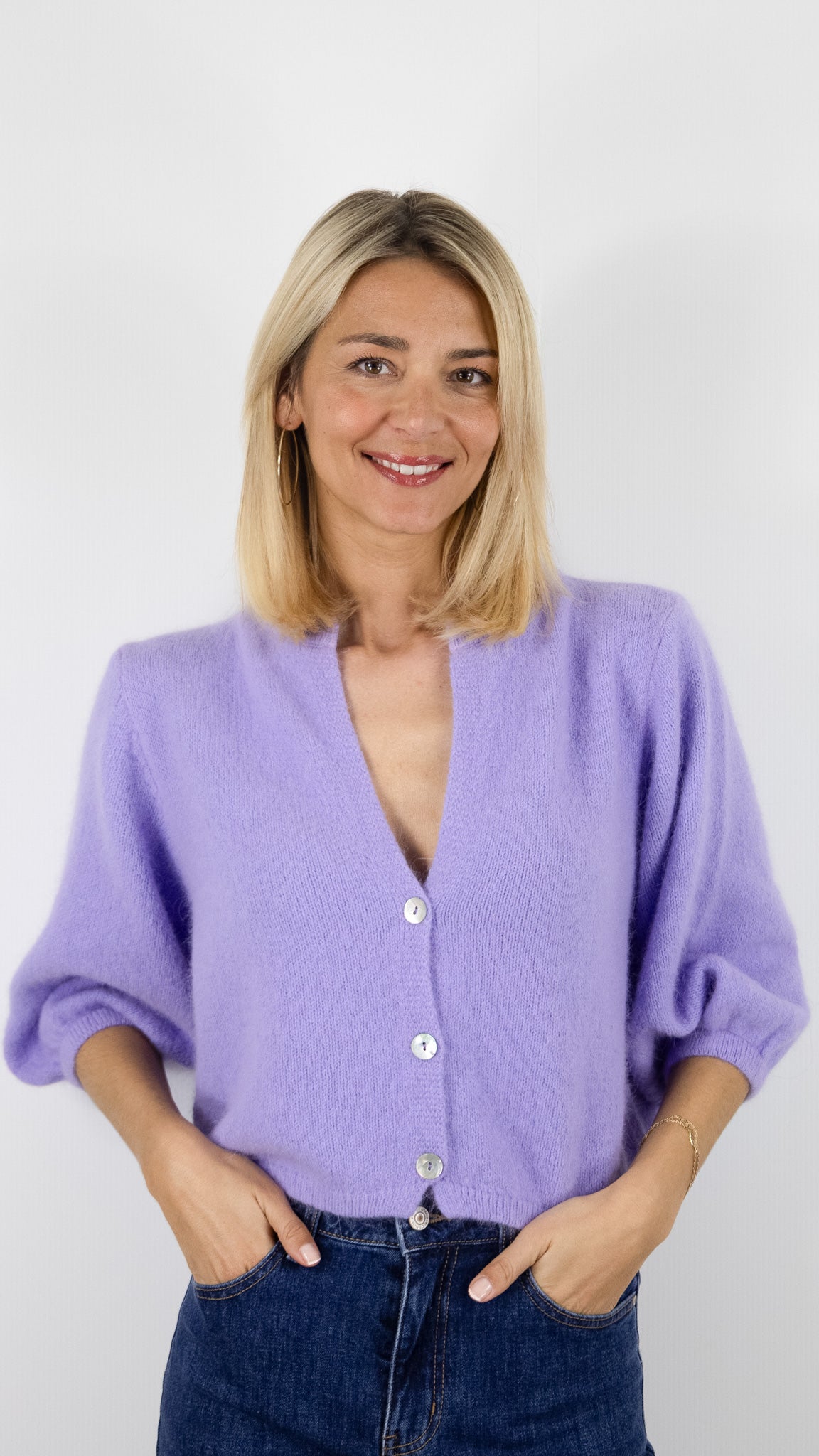 GILET CARDIGAN COURT MANCHES3/4 EN LAINE POUR FEMME NAIS 25660#COLOR_LILAS