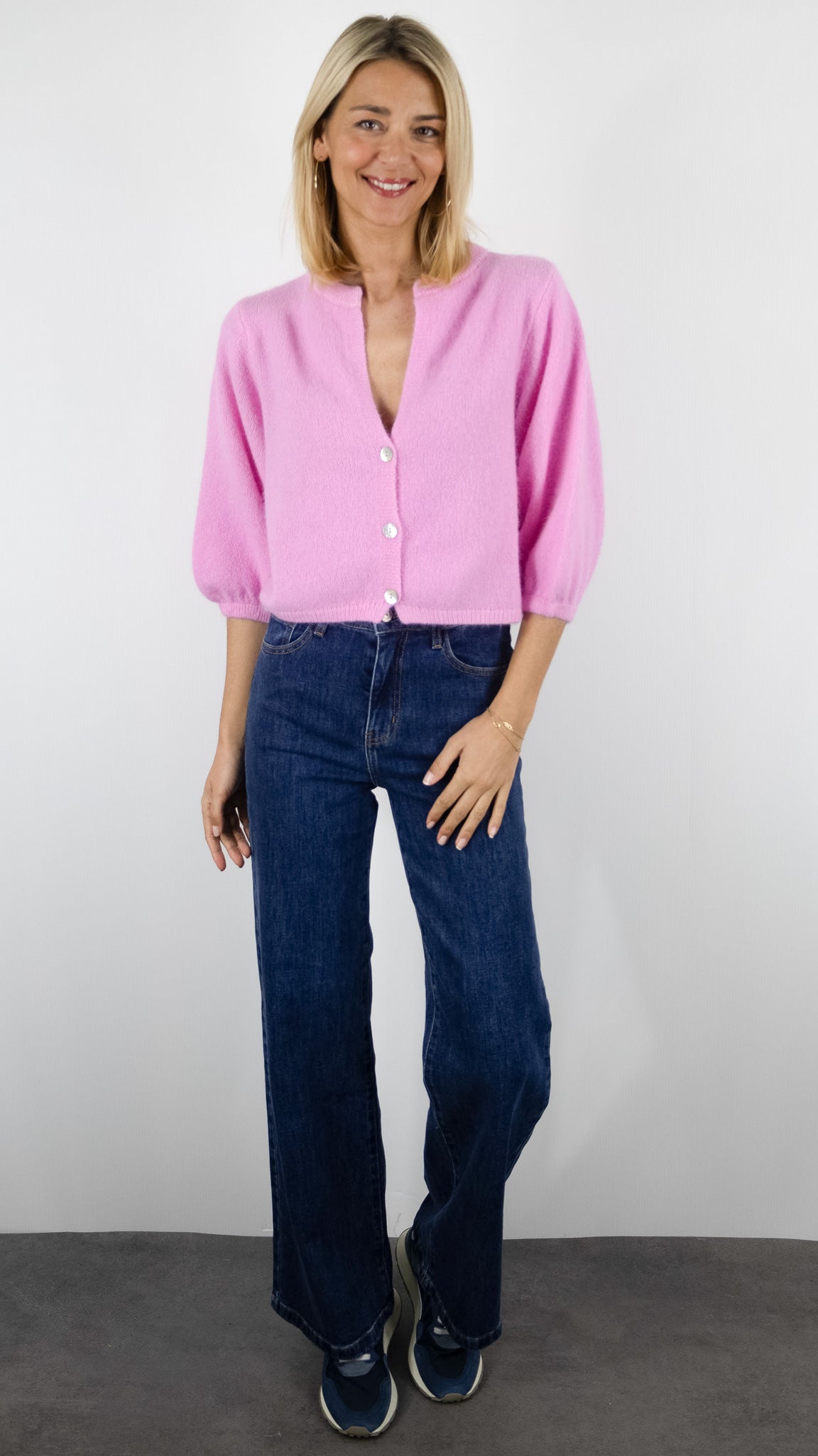 GILET CARDIGAN COURT MANCHES3/4 EN LAINE POUR FEMME NAIS 25660#COLOR_ROSE BEBE