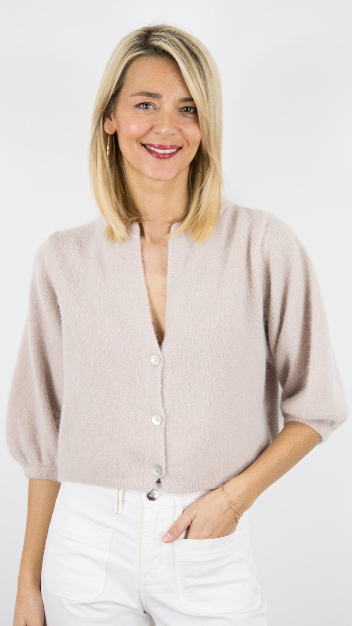 GILET CARDIGAN COURT MANCHES3/4 EN LAINE POUR FEMME NAIS 25660#COLOR_BEIGE