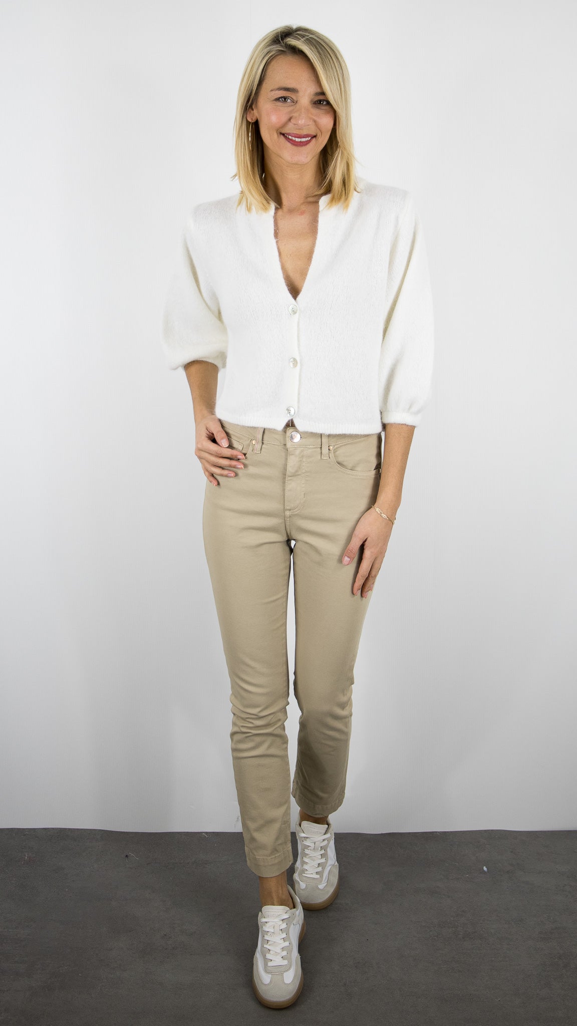 GILET CARDIGAN COURT MANCHES3/4 EN LAINE POUR FEMME NAIS 25660#COLOR_ECRU