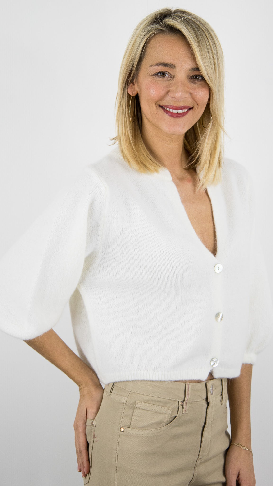 GILET CARDIGAN COURT MANCHES3/4 EN LAINE POUR FEMME NAIS 25660#COLOR_ECRU