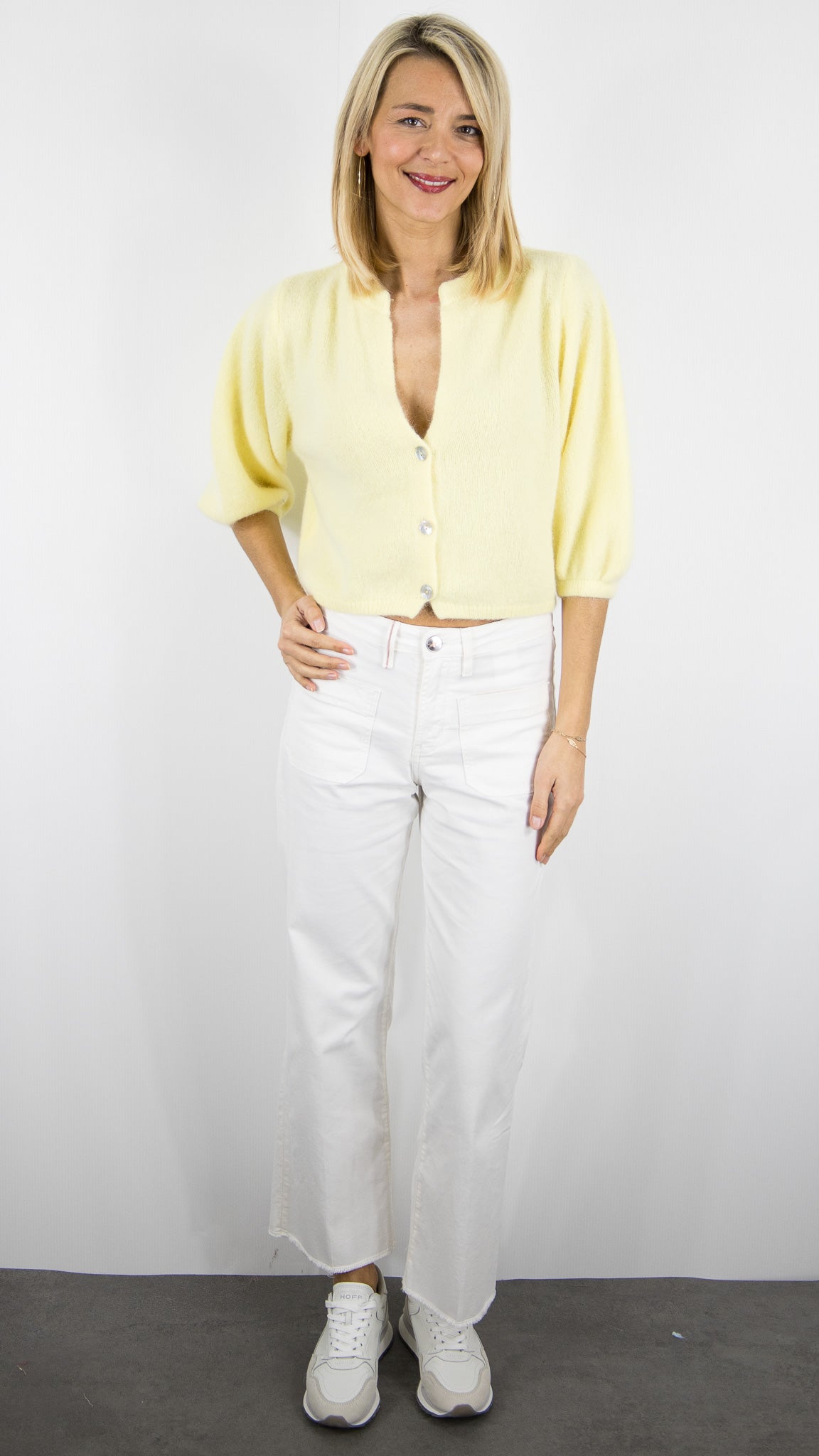 GILET CARDIGAN COURT MANCHES3/4 EN LAINE POUR FEMME NAIS 25660#COLOR_JAUNE