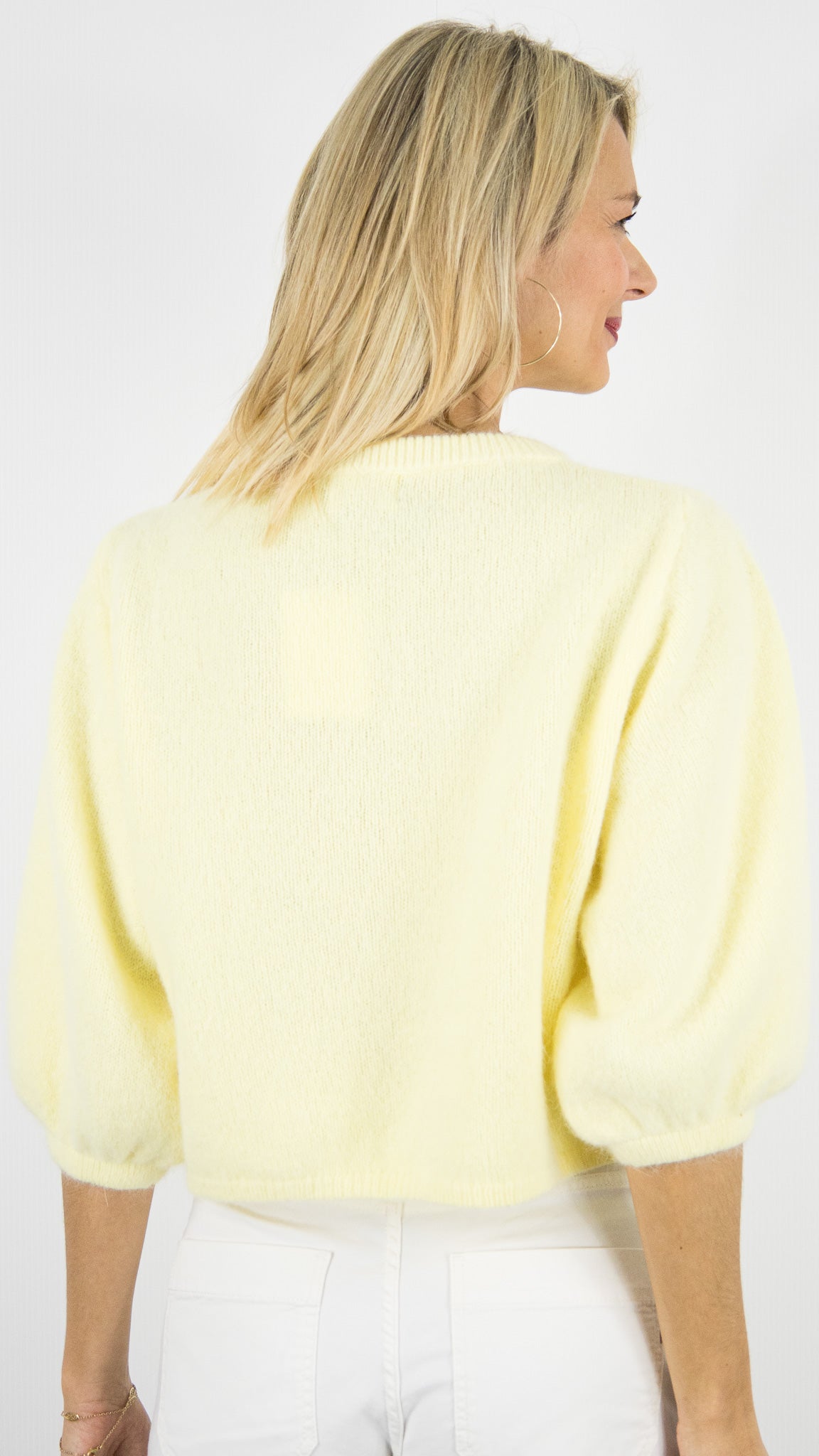 GILET CARDIGAN COURT MANCHES3/4 EN LAINE POUR FEMME NAIS 25660#COLOR_JAUNE