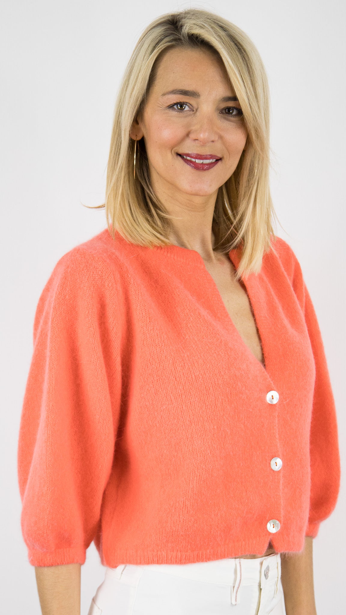 GILET CARDIGAN COURT MANCHES3/4 EN LAINE POUR FEMME NAIS 25660#COLOR_ORANGE