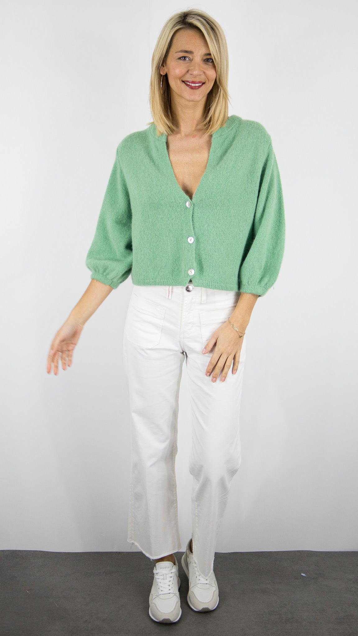 GILET CARDIGAN COURT MANCHES3/4 EN LAINE POUR FEMME NAIS 25660#COLOR_MENTHE