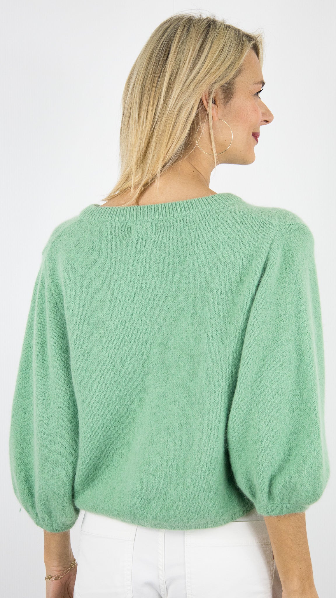 GILET CARDIGAN COURT MANCHES3/4 EN LAINE POUR FEMME NAIS 25660#COLOR_MENTHE