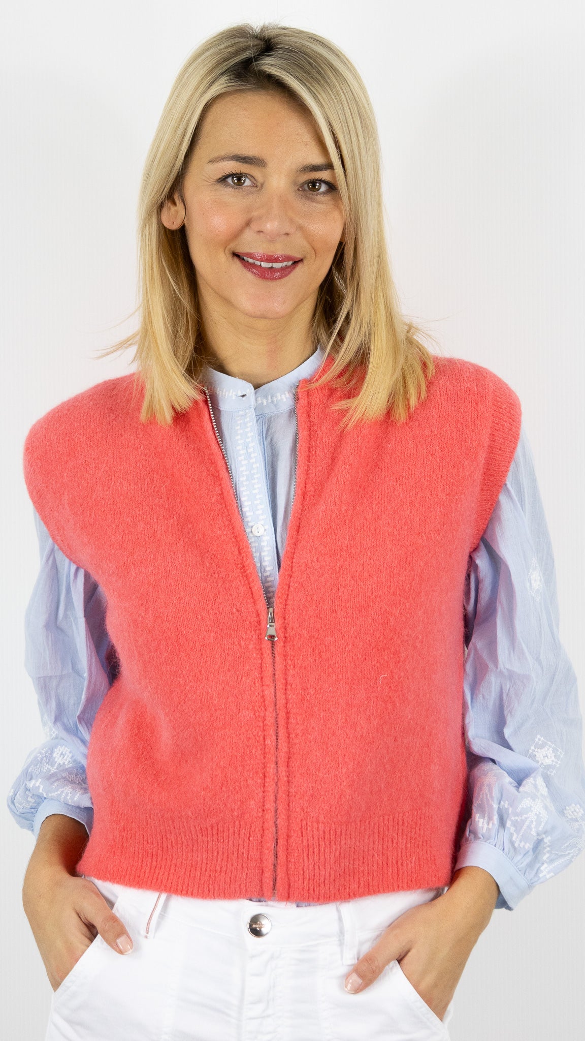 GILET SANS MANCHES ZIPPE STUDIO PARISIEN 25681#color_CORAIL