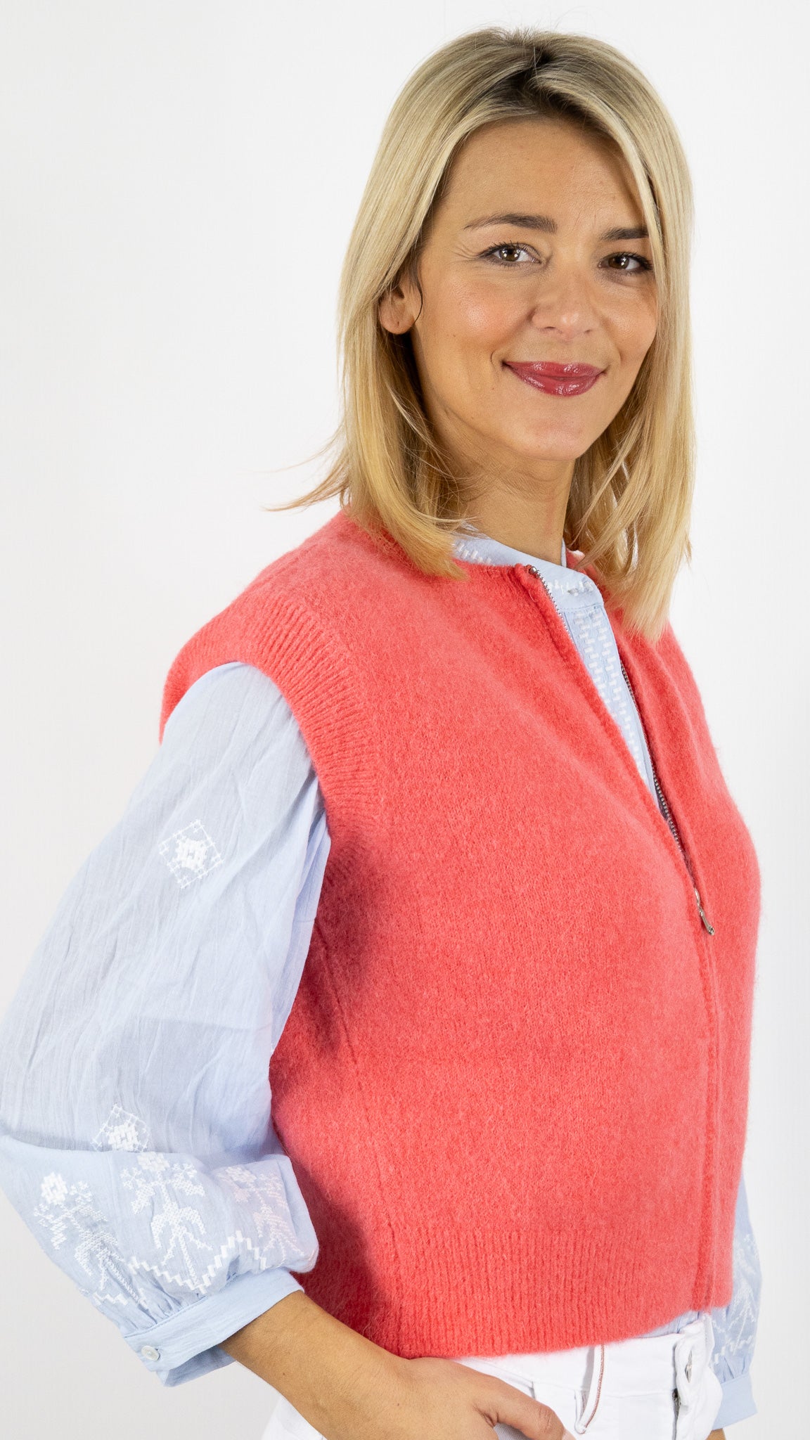 GILET SANS MANCHES ZIPPE STUDIO PARISIEN 25681#color_CORAIL