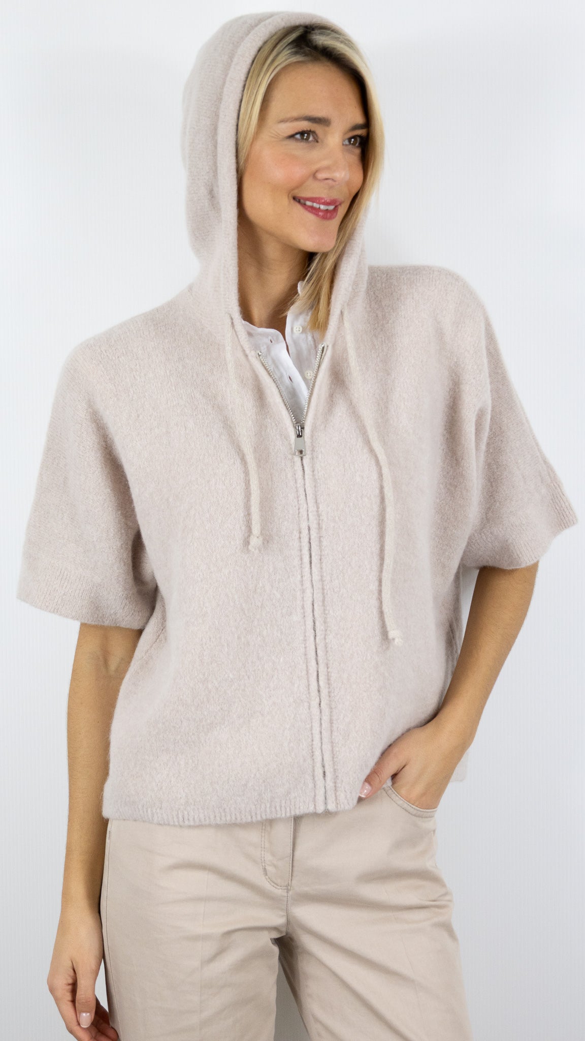 GILET A CAPUCHE ZIPPE MANCHES 3/4 POUR FEMME STUDIO PARISIEN 25683#COLOR_BEIGE