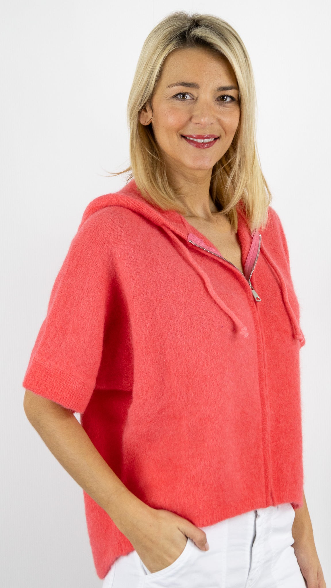 GILET A CAPUCHE ZIPPE MANCHES 3/4 POUR FEMME STUDIO PARISIEN 25683#COLOR_CORAIL 