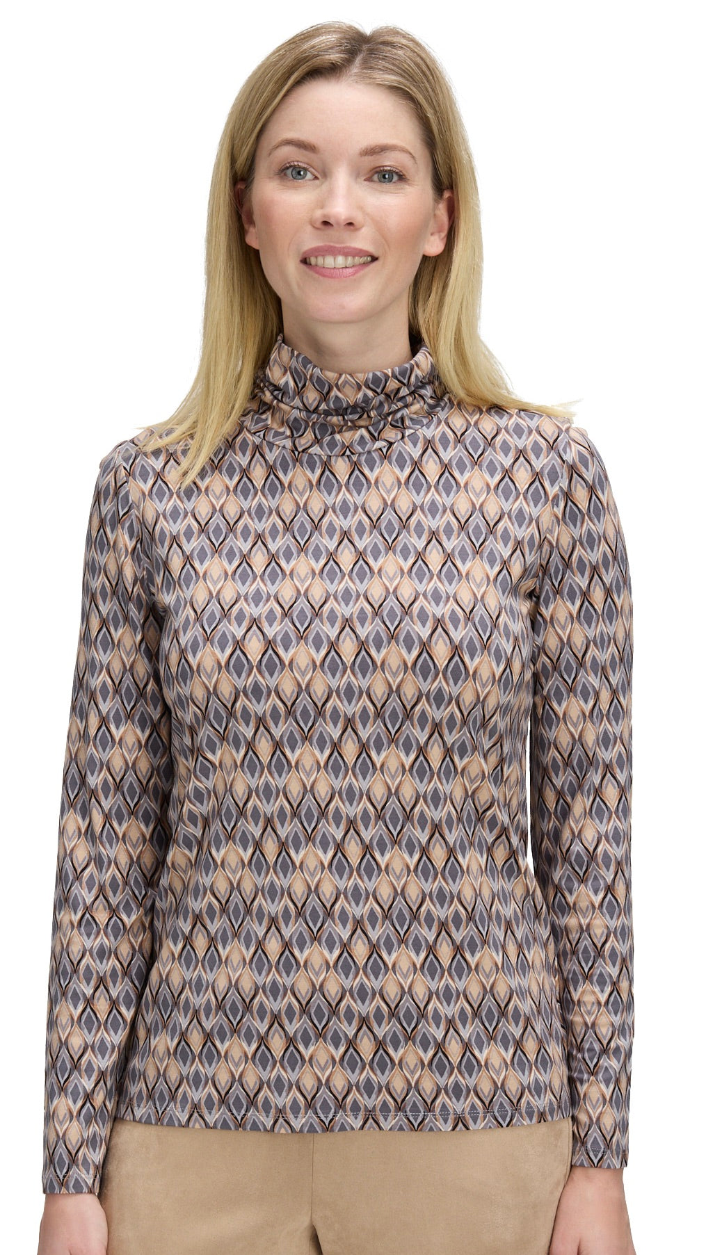 TEE-SHIRT SOUS PULL COL ROULE IMPRIME CAMEL GRIS FEMME BETTY BARCLAY 2613/1483
