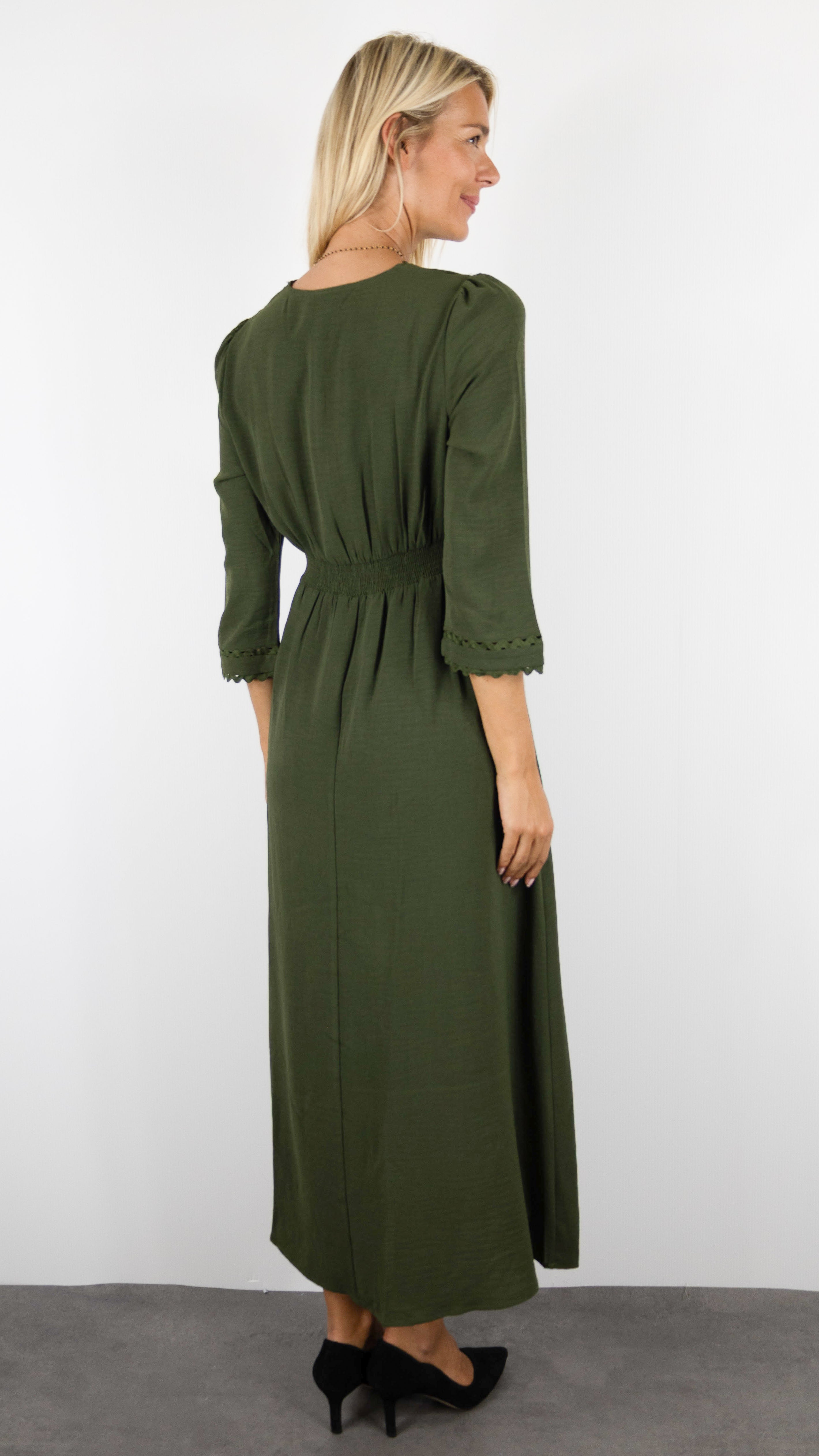 ROBE LONGUE COL V GARNI MAJOLICA 29449#COLOR_KAKI