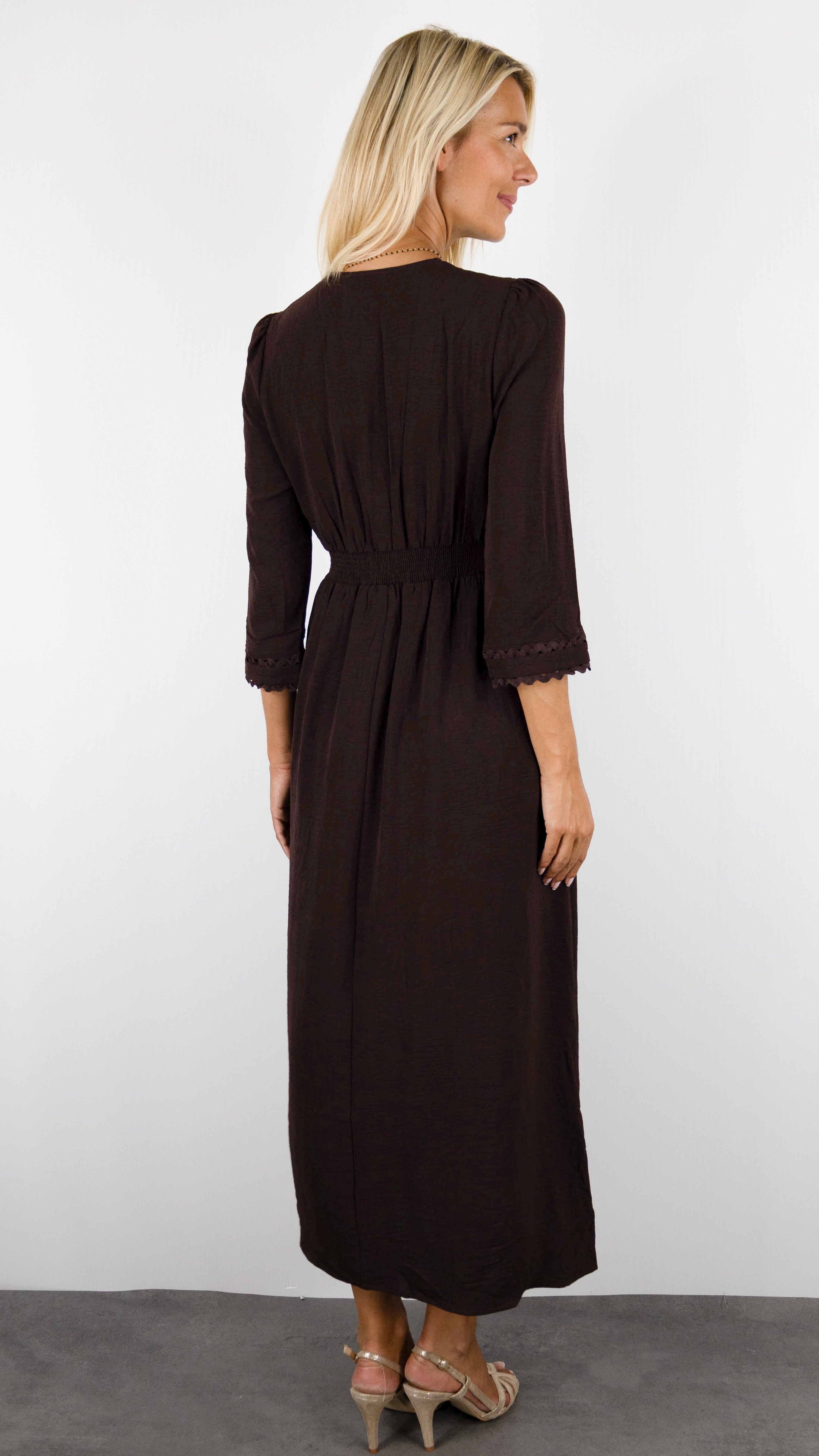 ROBE LONGUE COL V GARNI MAJOLICA 29449#COLOR_CHOCO