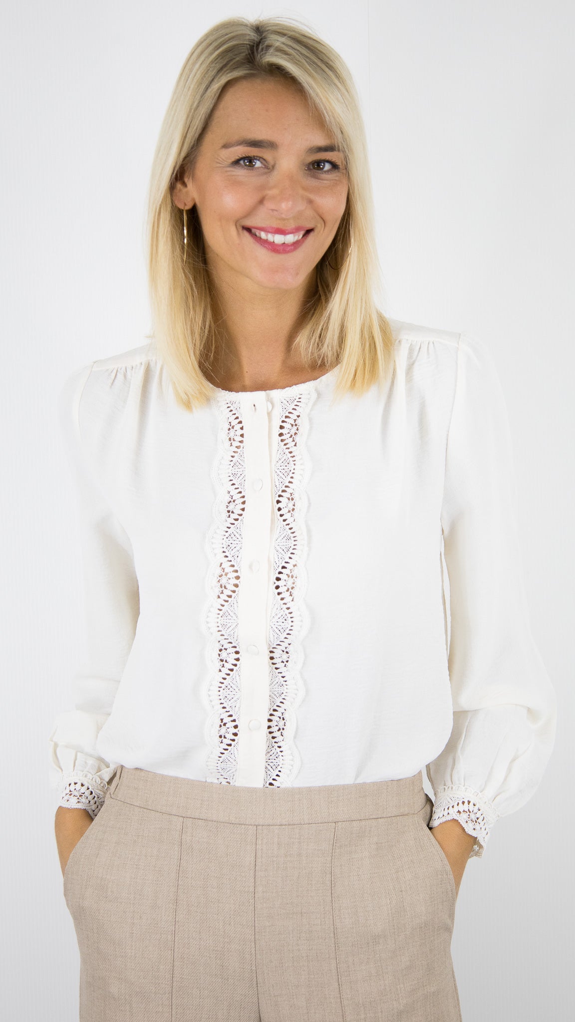 BLOUSE BRODEE AJOUREE ECRUE POUR FEMME YCOO 30491B 