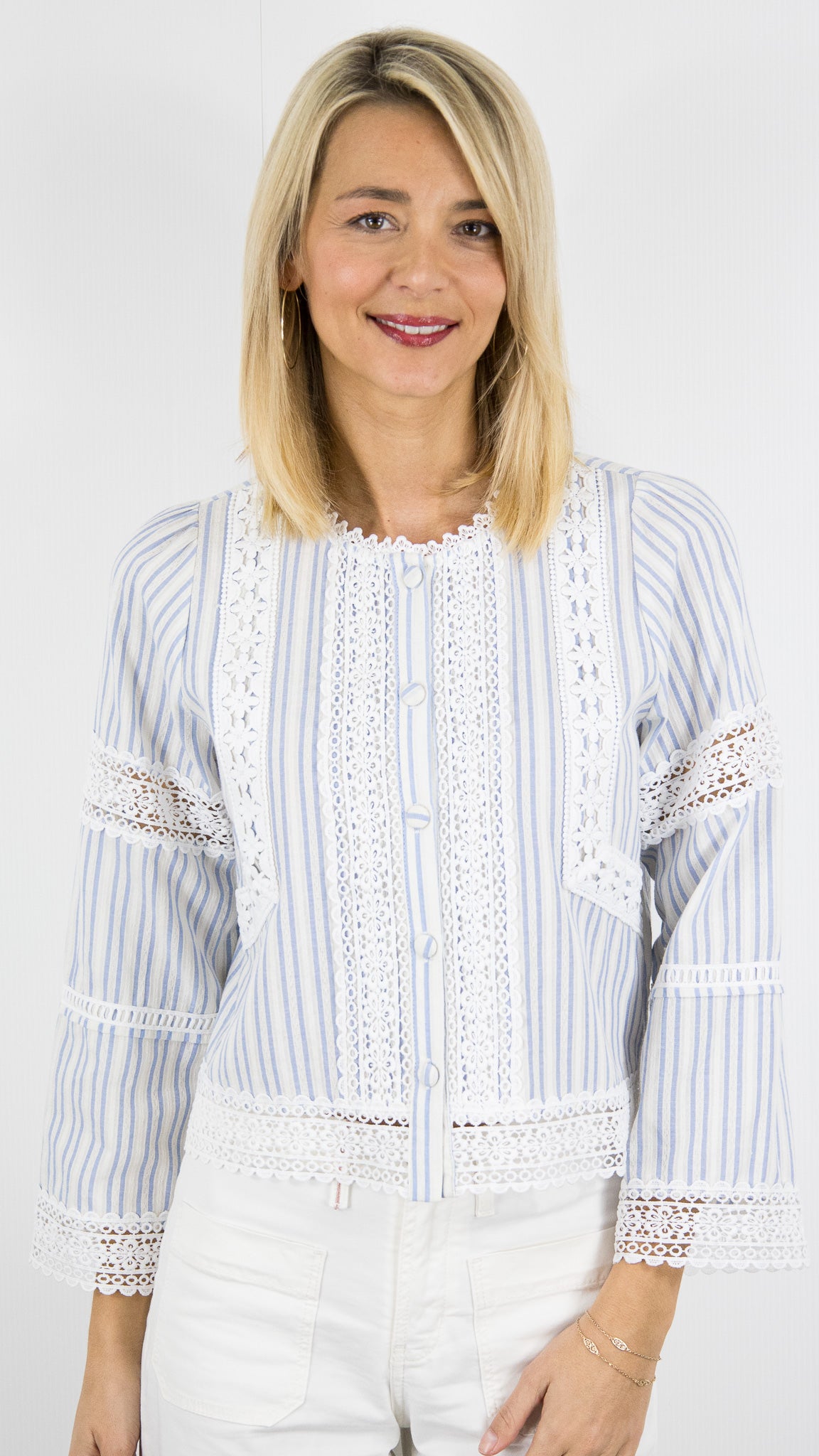 BLOUSE  COURTE RAYEE ET BRODEE YCOO 30550B#COLOR_BLEU