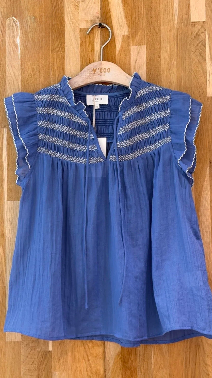 BLOUSE VOLANTEE POUR FEMME YCOO 30693#COLOR_BLEU