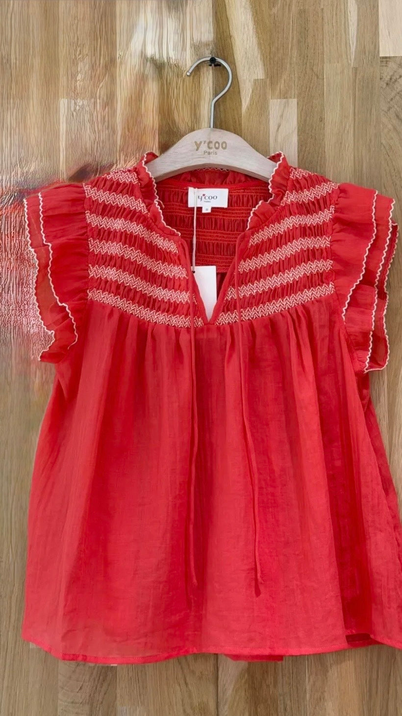 BLOUSE VOLANTEE POUR FEMME YCOO 30693#COLOR_CORAIL
