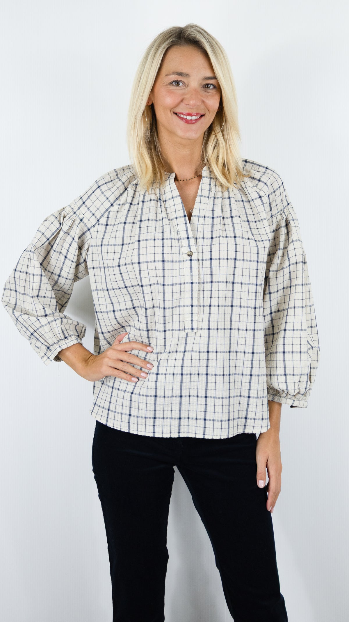 BLOUSE AMPLE A CARREAUX MARINE POUR FEMME LILI ET LALA 5183-2120
