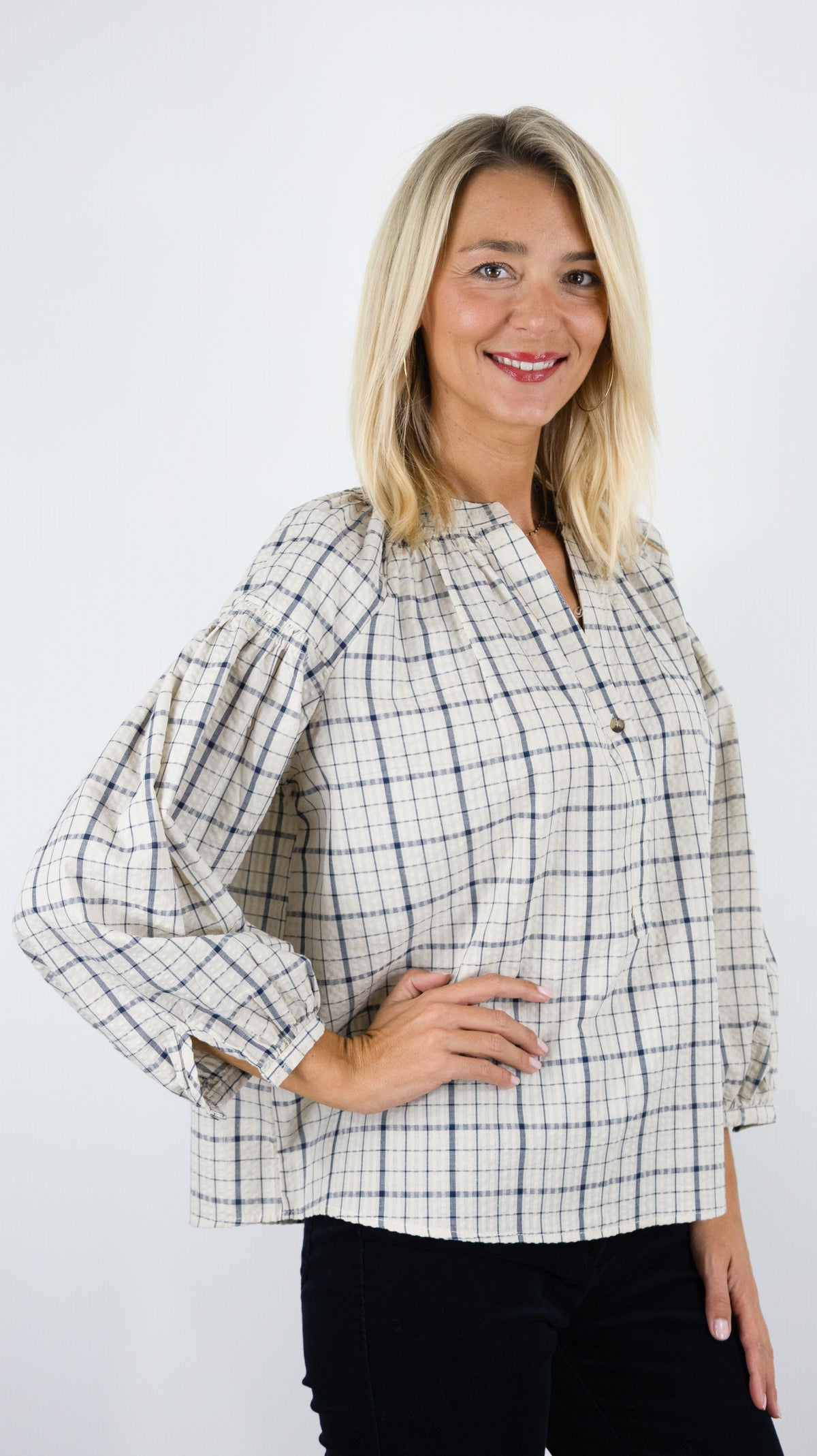 BLOUSE AMPLE A CARREAUX MARINE POUR FEMME LILI ET LALA 5183-2120