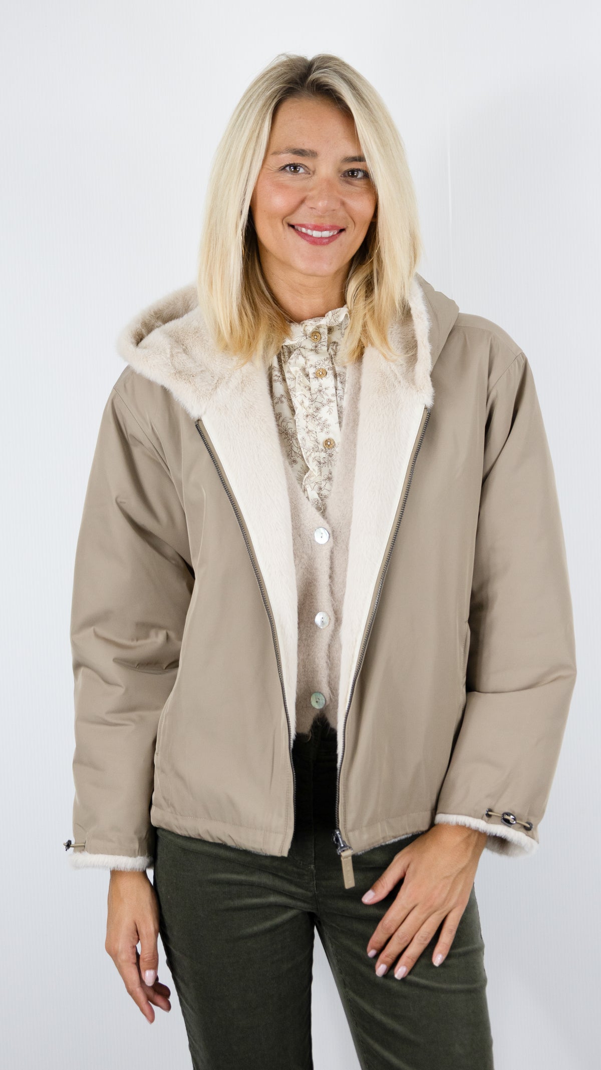 PARKA REVERSIBLE A CAPUCHE CAMEL ECRU POUR FEMME LOU ANDREA NV25487