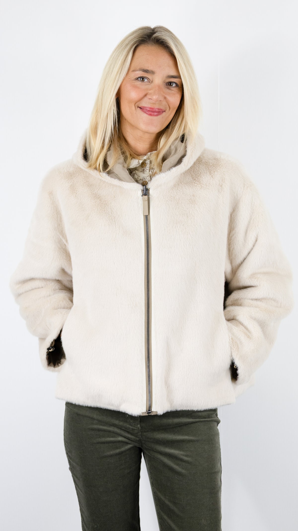 PARKA REVERSIBLE A CAPUCHE CAMEL ECRU POUR FEMME LOU ANDREA NV25487
