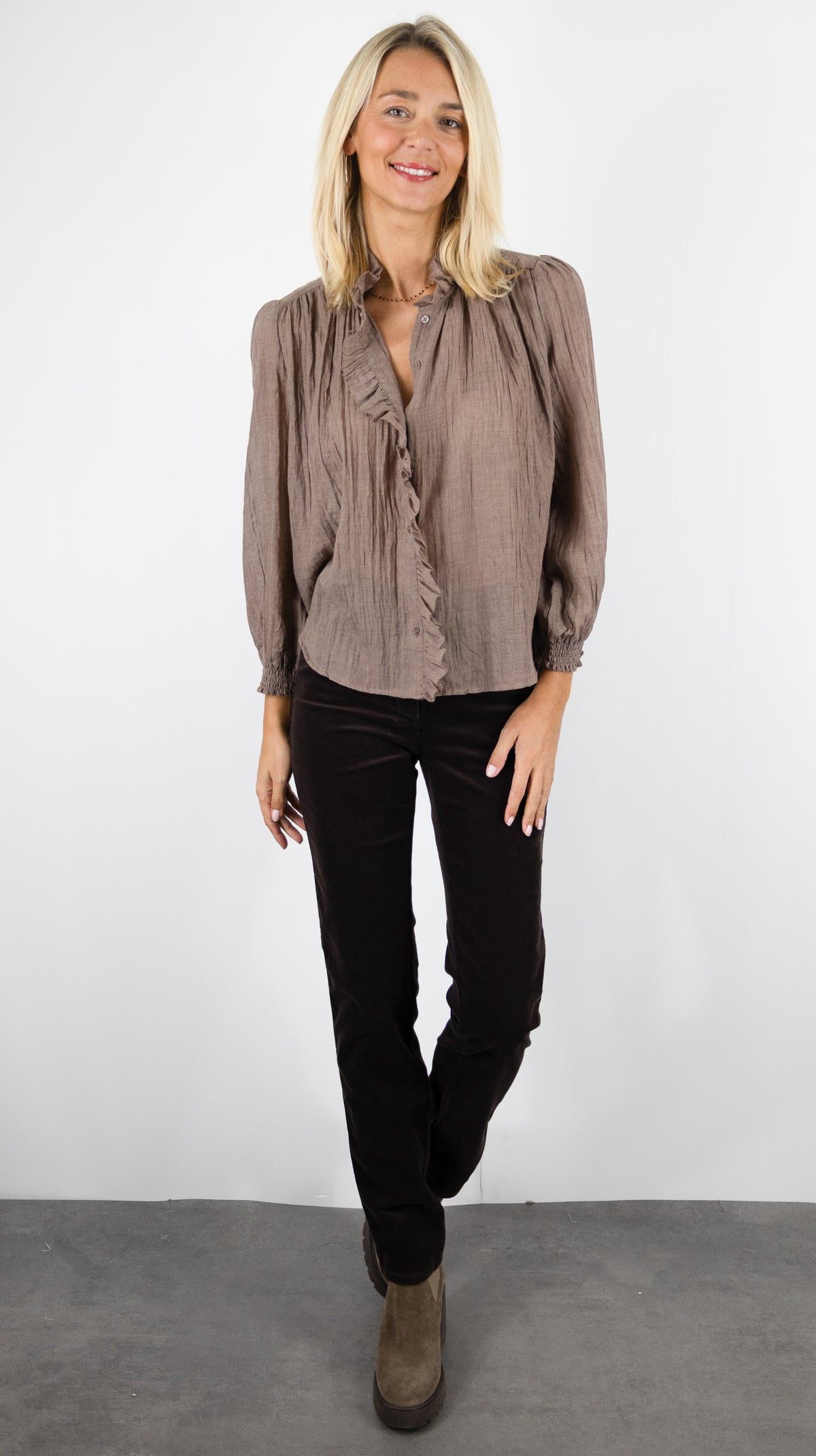 CHEMISE BLOUSE FLUIDE VOLANTÉE POUR FEMME YCOO 30618A#COLOR_CHOCO CHINE