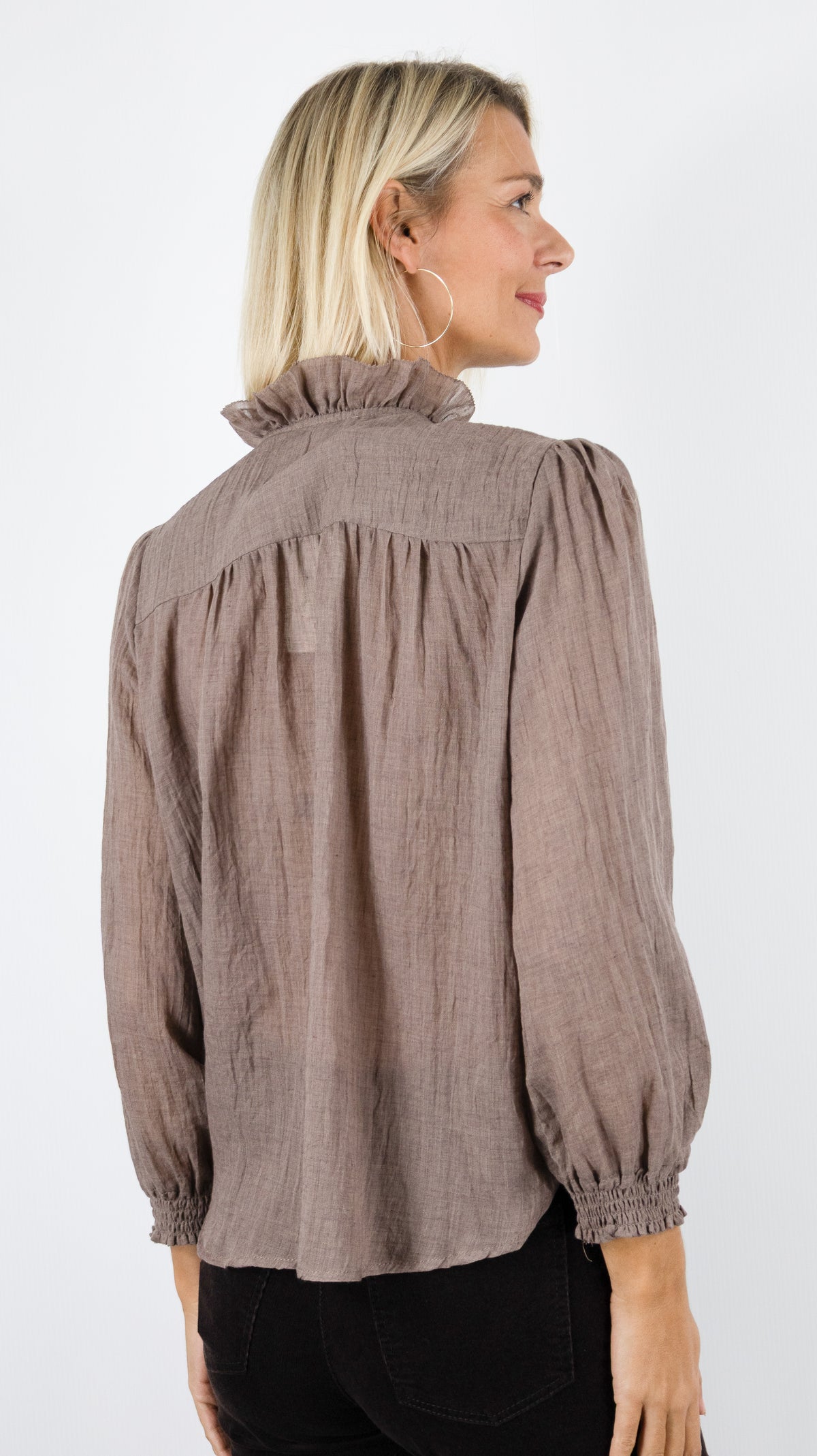 CHEMISE BLOUSE FLUIDE VOLANTÉE POUR FEMME YCOO 30618A#COLOR_CHOCO CHINE