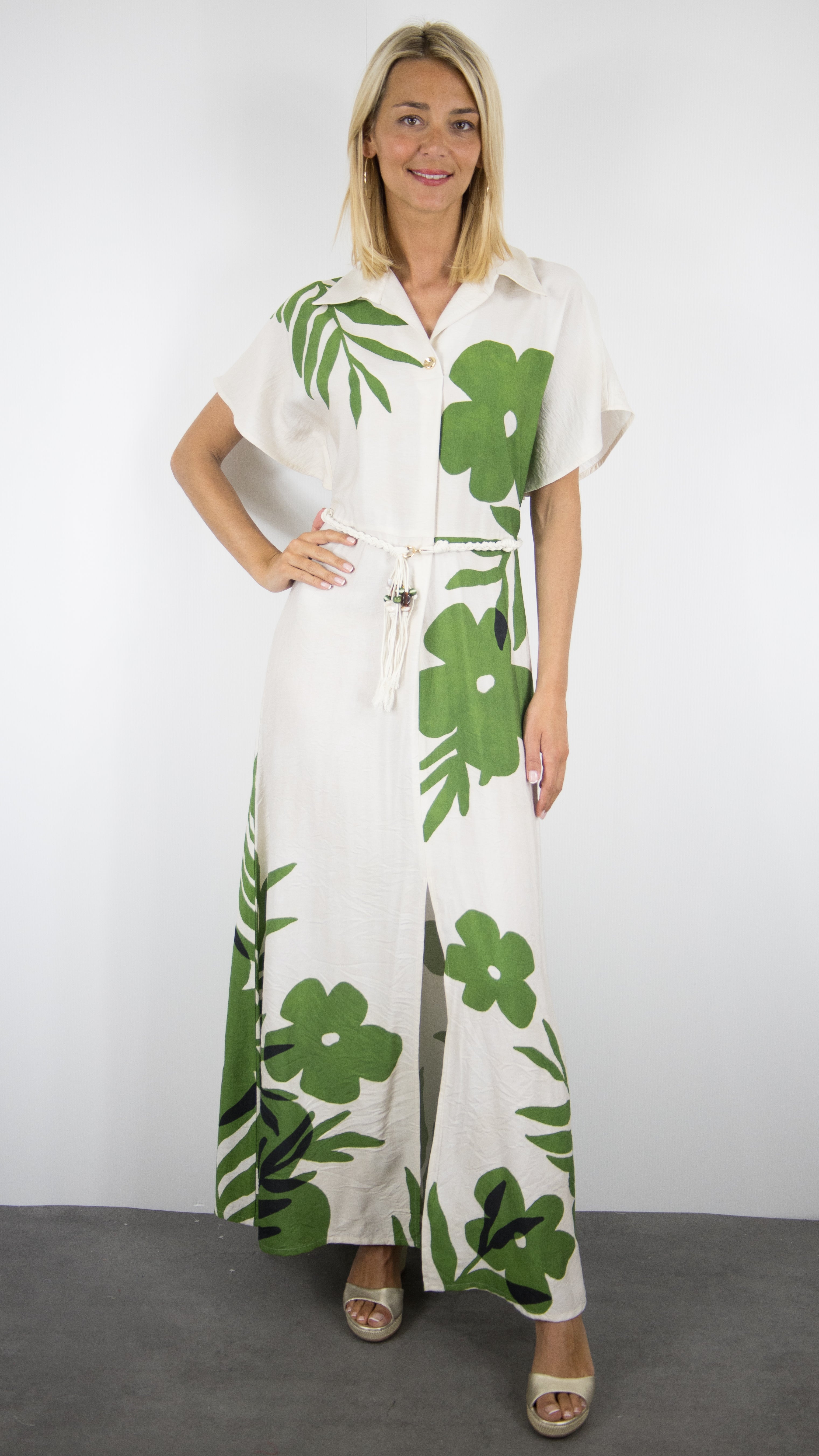 ROBE LONGUE FLEURI VERT ECRU MANCHES COURTES POUR FEMME CAROLINE BISS 3178
