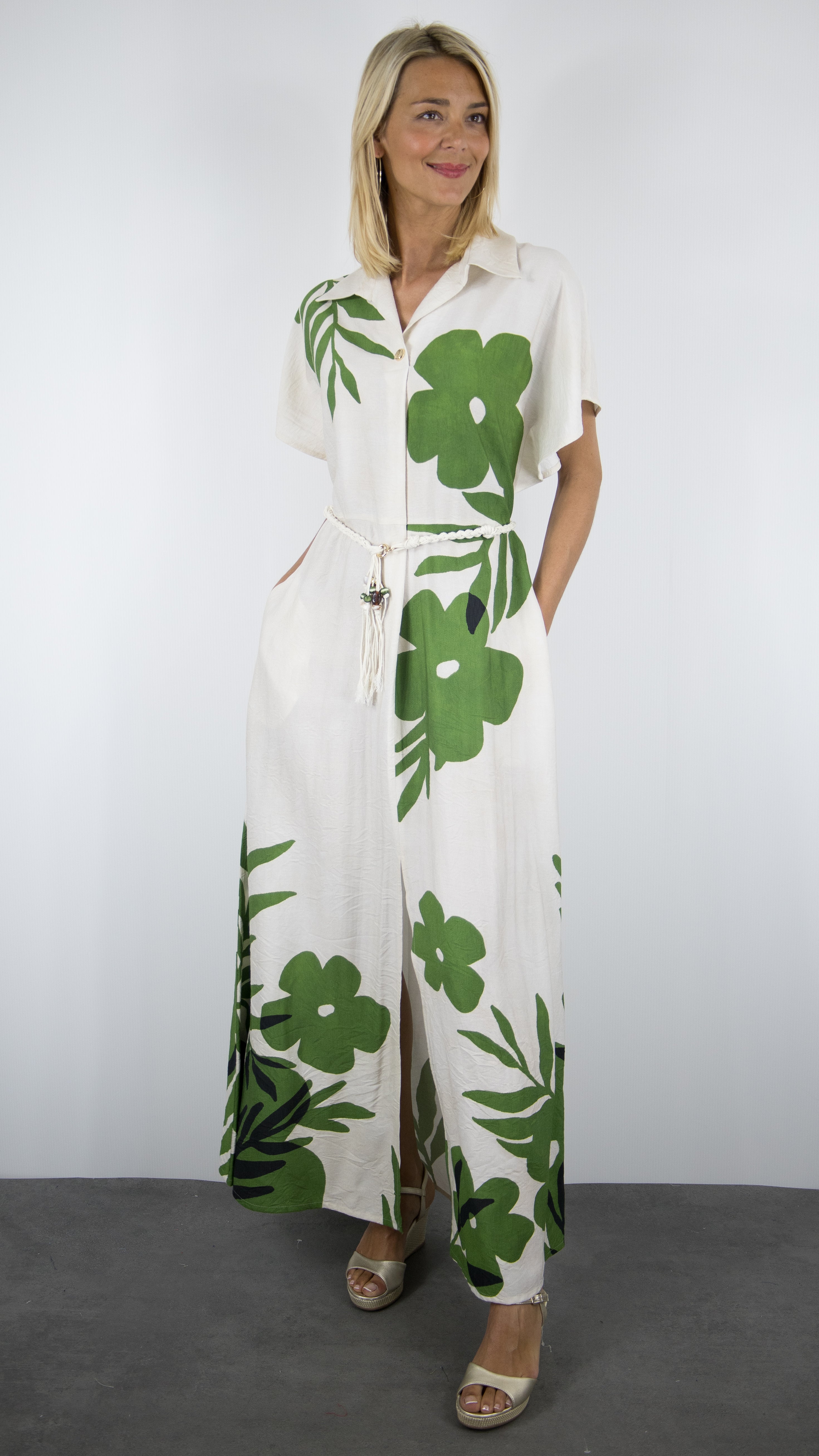 ROBE LONGUE FLEURI VERT ECRU MANCHES COURTES POUR FEMME CAROLINE BISS 3178