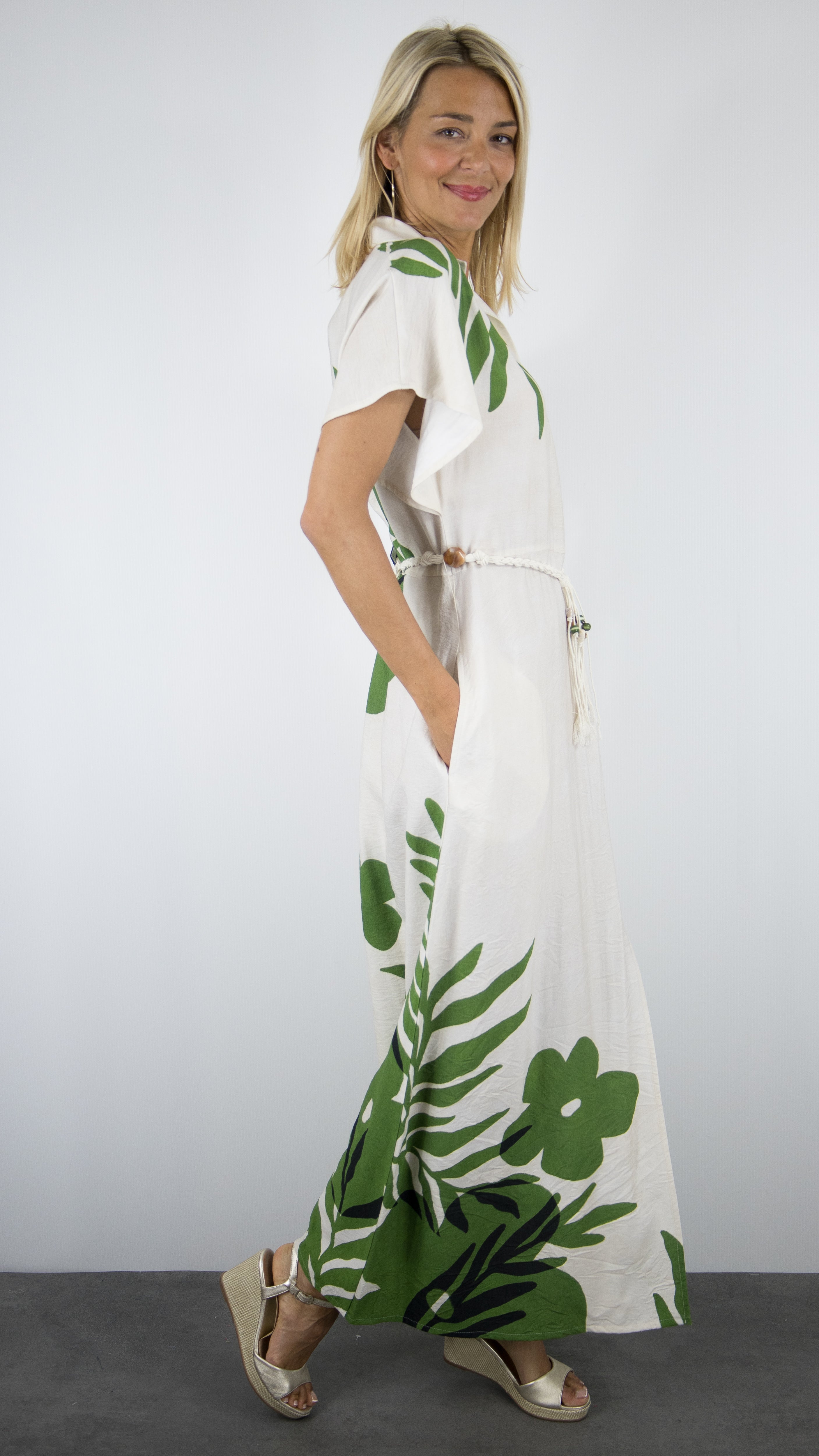 ROBE LONGUE FLEURI VERT ECRU MANCHES COURTES POUR FEMME CAROLINE BISS 3178