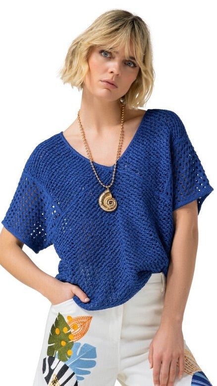 PULL MANCHES COURTES COL V EN MAILLE CAROLINE BISS 3230#COLOR_22/BLEU ELEC