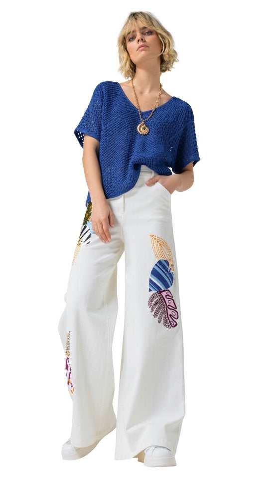 PULL MANCHES COURTES COL V EN MAILLE CAROLINE BISS 3230#COLOR_22/BLEU ELEC