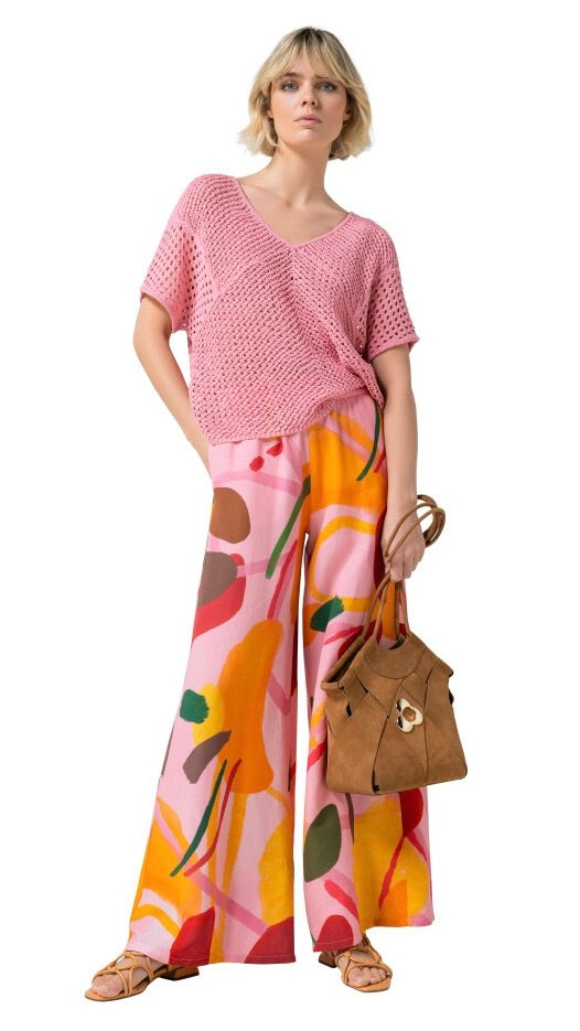 PULL MANCHES COURTES COL V EN MAILLE CAROLINE BISS 3230#COLOR_72/ROSE FONCE