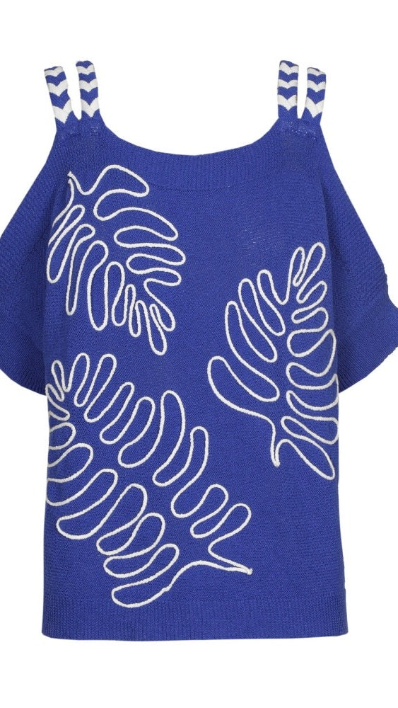 PULL A BRETELLES BRODERIES FEUILLES BLEU ELECTRIQUE FEMME CAROLINE BISS 3232