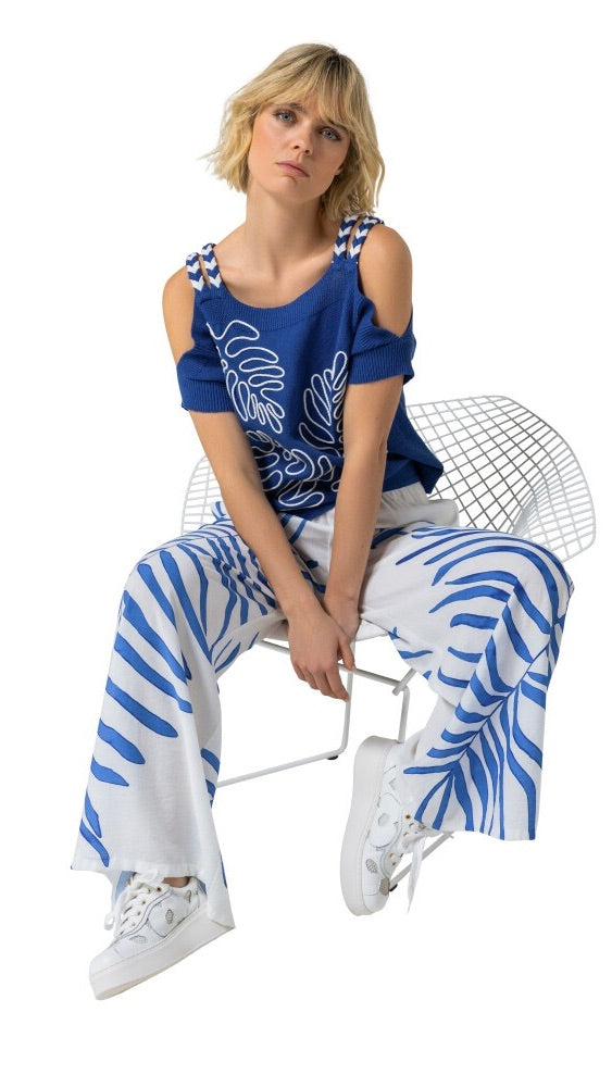 PULL A BRETELLES BRODERIES FEUILLES BLEU ELECTRIQUE FEMME CAROLINE BISS 3232
