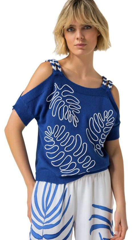 PULL A BRETELLES BRODERIES FEUILLES BLEU ELECTRIQUE FEMME CAROLINE BISS 3232