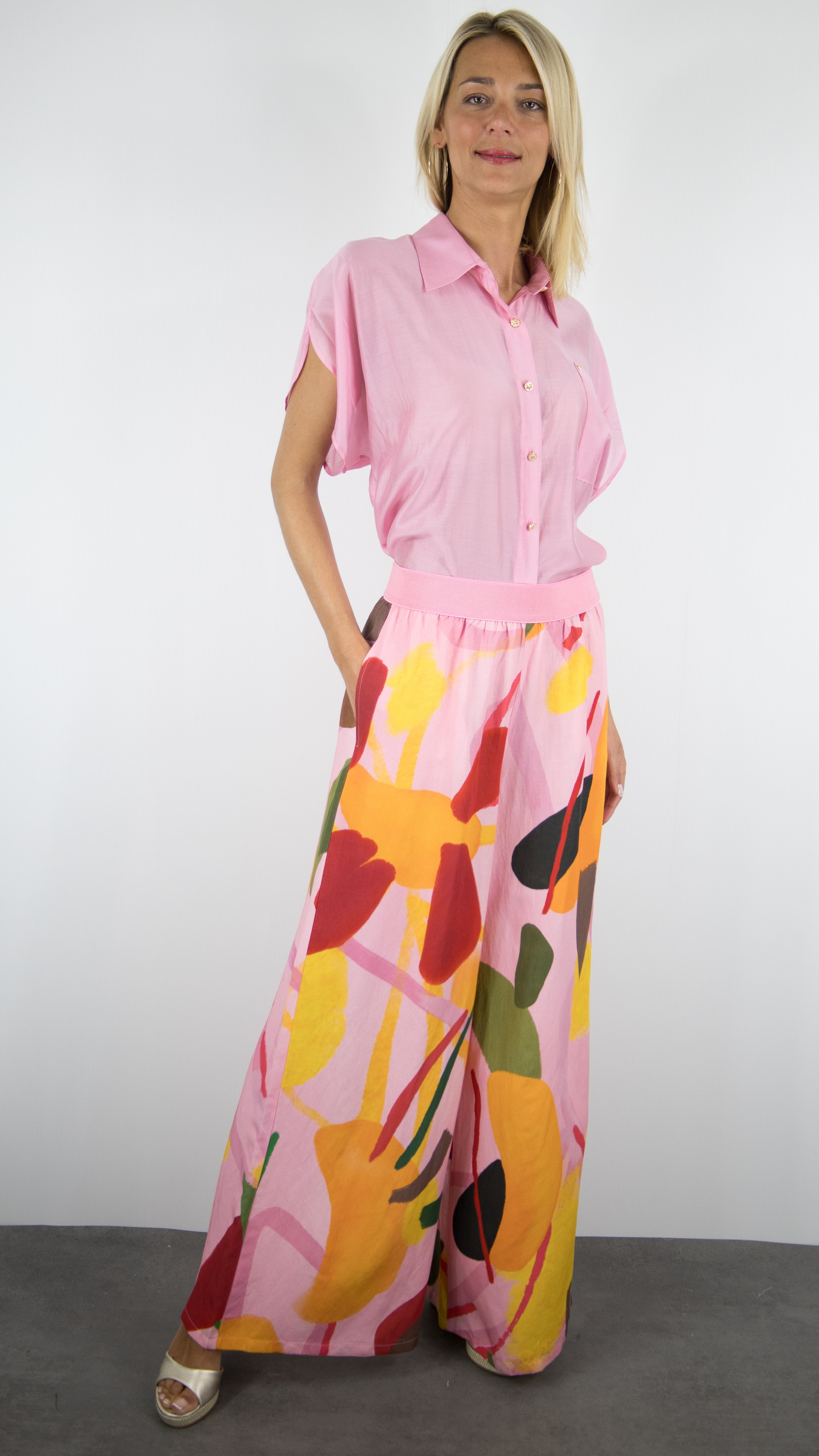 PANTALON fluide large imprime rose leger pour femme cet été CAROLINE BISS 3554