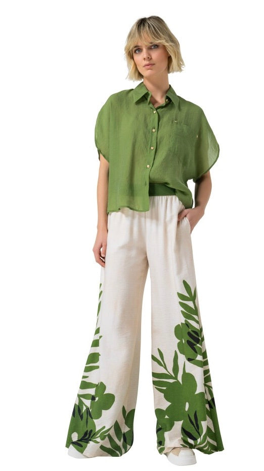 PANTALON LARGE FLUIDE IMPRIME FLEUR ECRU VERT POUR FEMME  CAROLINE BISS 3580