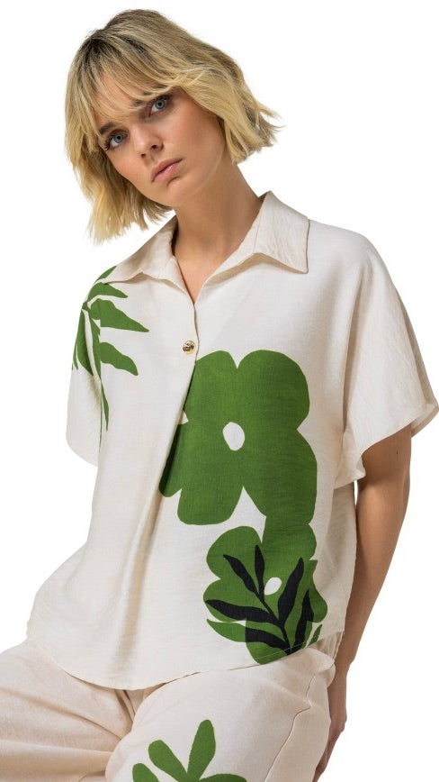 BLOUSE  MANCHES COURTES IMPRIME FLEUR VERT ECRU CAROLINE BISS 3679
