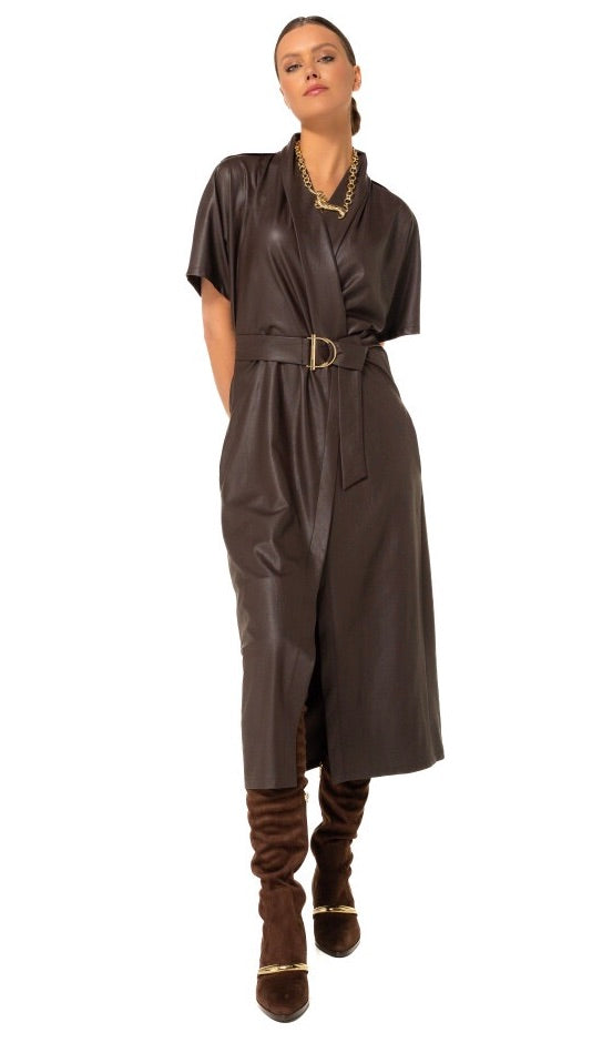 ROBE LONGUE CEINTUREE EN CUIR VEGAN CHOCO COFFEE CAROLINE BISS 4164