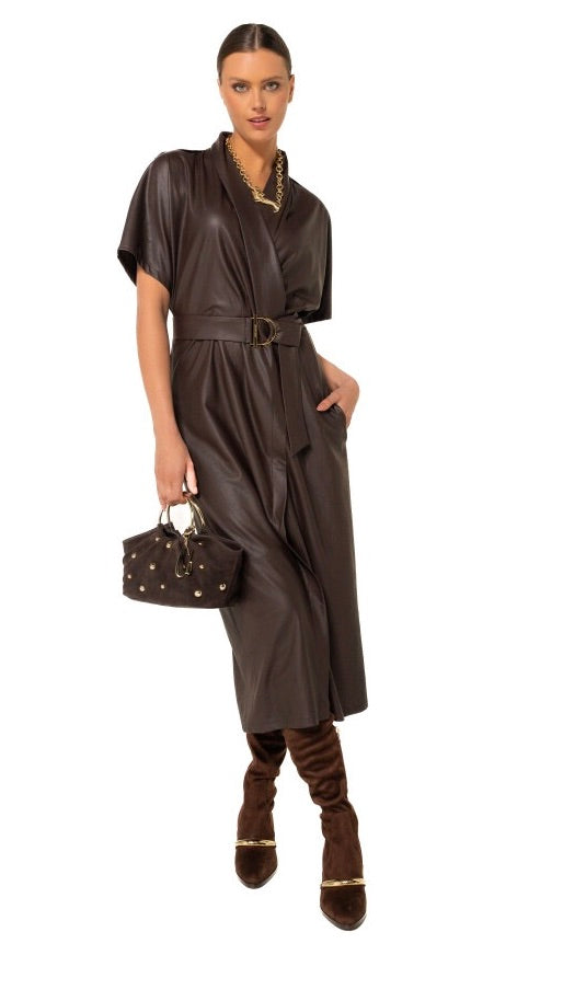 ROBE LONGUE CEINTUREE EN CUIR VEGAN CHOCO COFFEE CAROLINE BISS 4164
