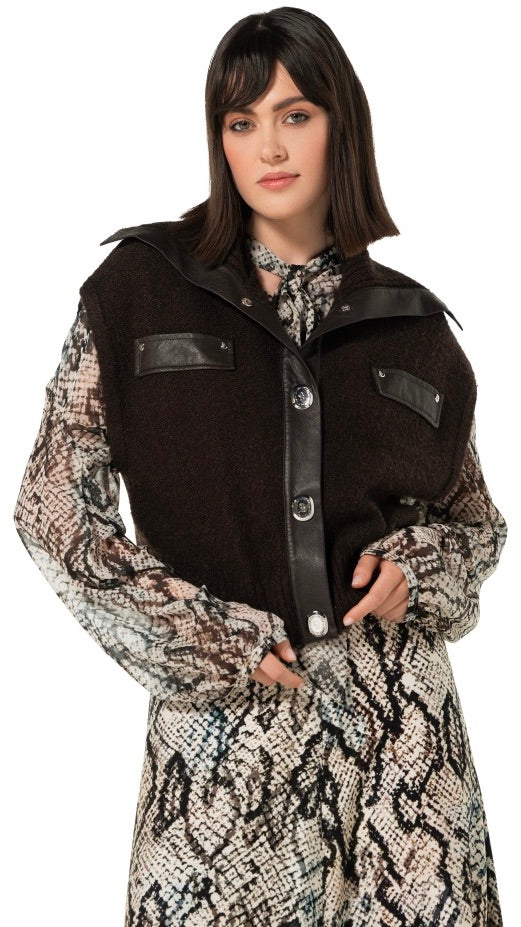 GILET COURT SANS MANCHES AVEC FAUX CUIR MARRON CHOCO POUR FEMME CAROLINE BISS 4223