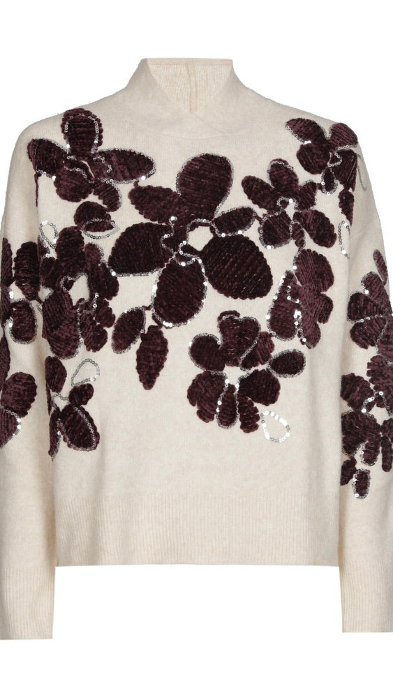 PULL EN VELOURS AVEC BRODERIES FLEURS ET STRASS ECRU MARRON CAROLINE BISS 4283