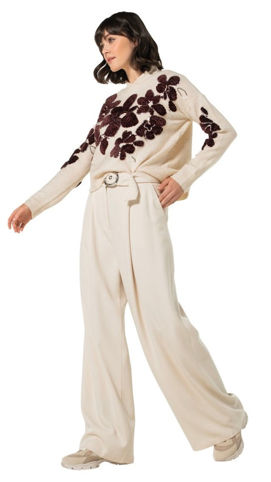 PULL EN VELOURS AVEC BRODERIES FLEURS ET STRASS ECRU MARRON CAROLINE BISS 4283