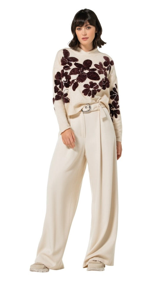 PULL EN VELOURS AVEC BRODERIES FLEURS ET STRASS ECRU MARRON CAROLINE BISS 4283
