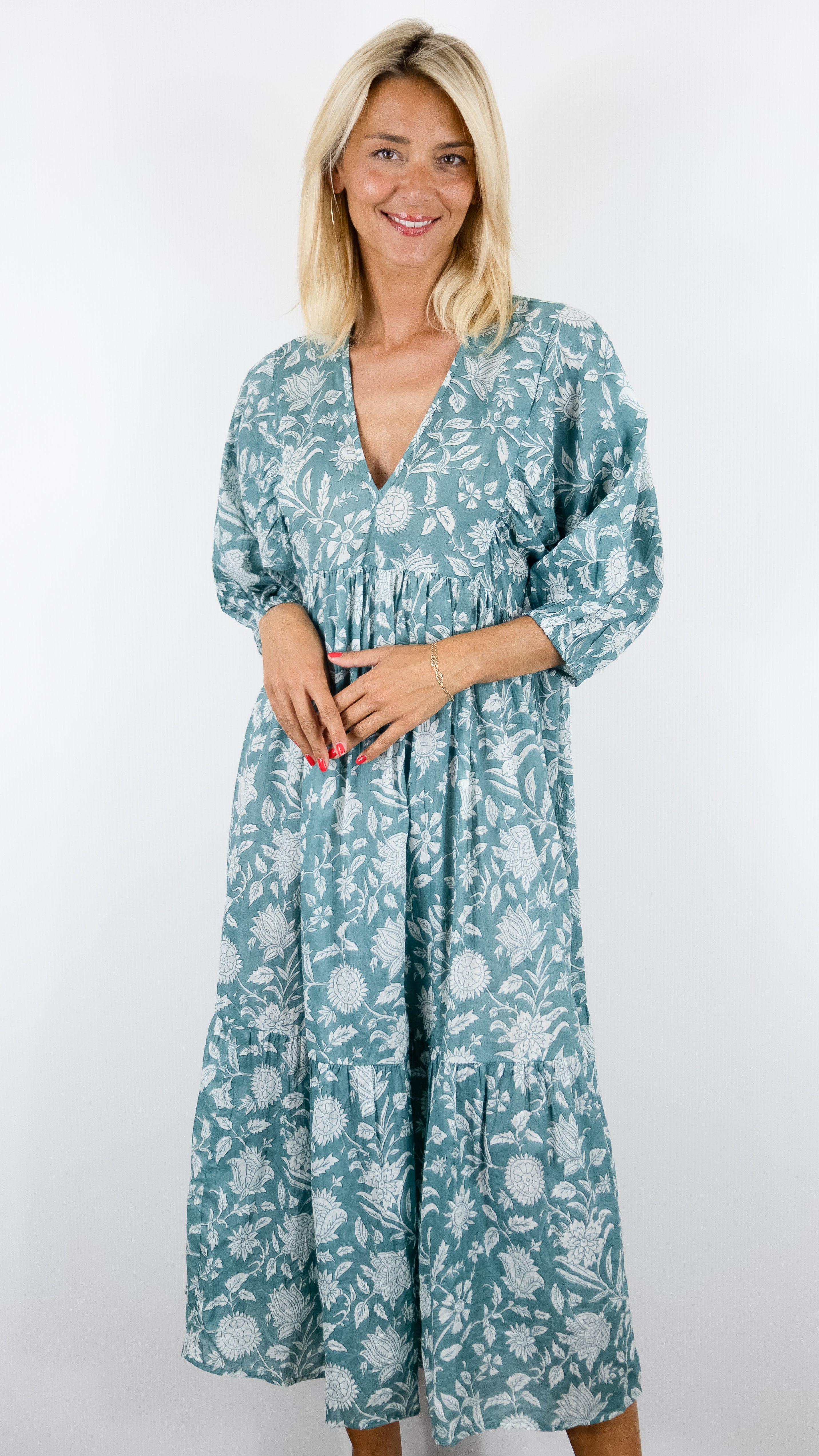 ROBE LONGUE IMPRIME FLEURI COLORES 4298.98#COLOR_TEAL/CELADON FLEURI