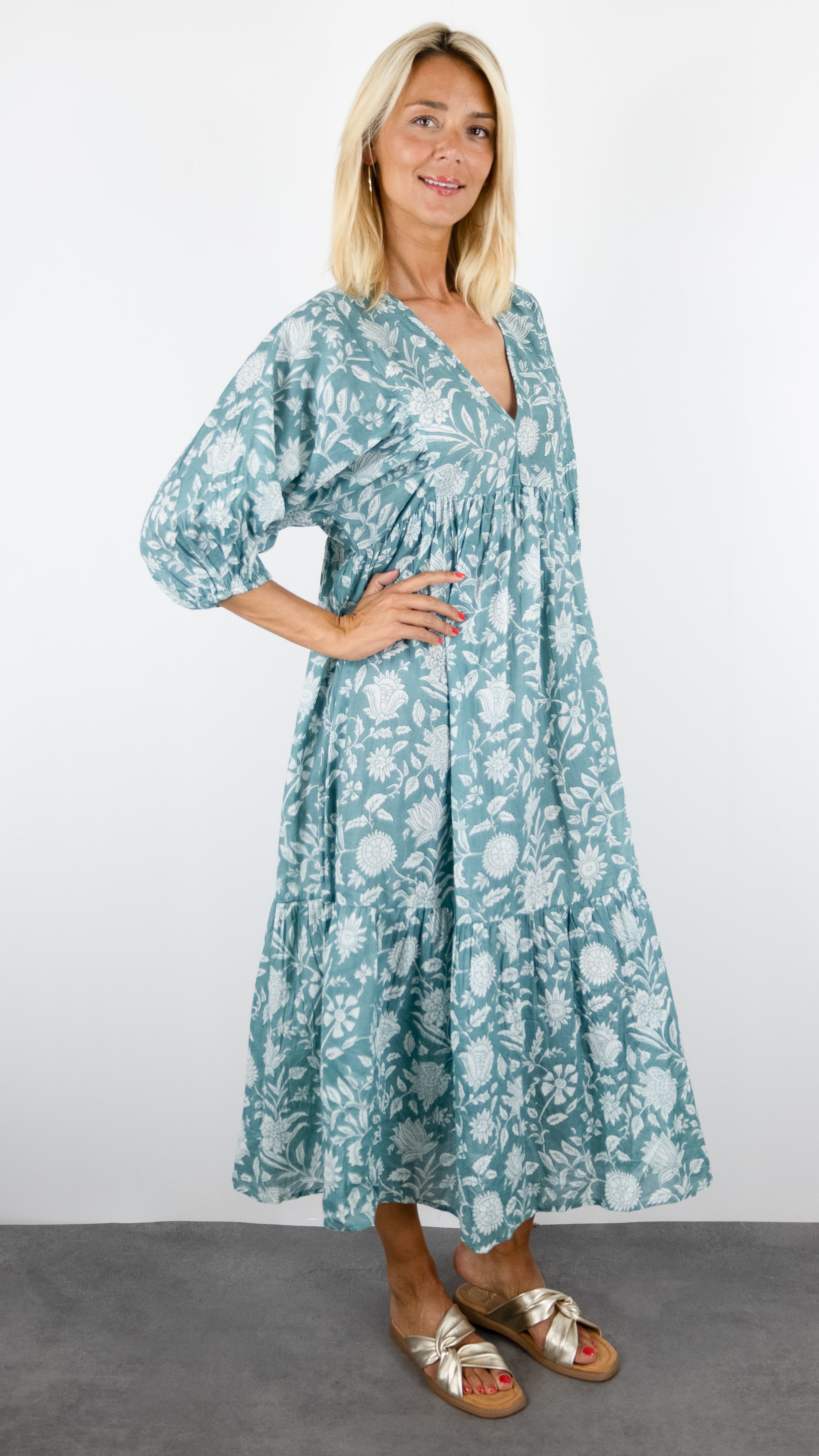ROBE LONGUE IMPRIME FLEURI COLORES 4298.98#COLOR_TEAL/CELADON FLEURI