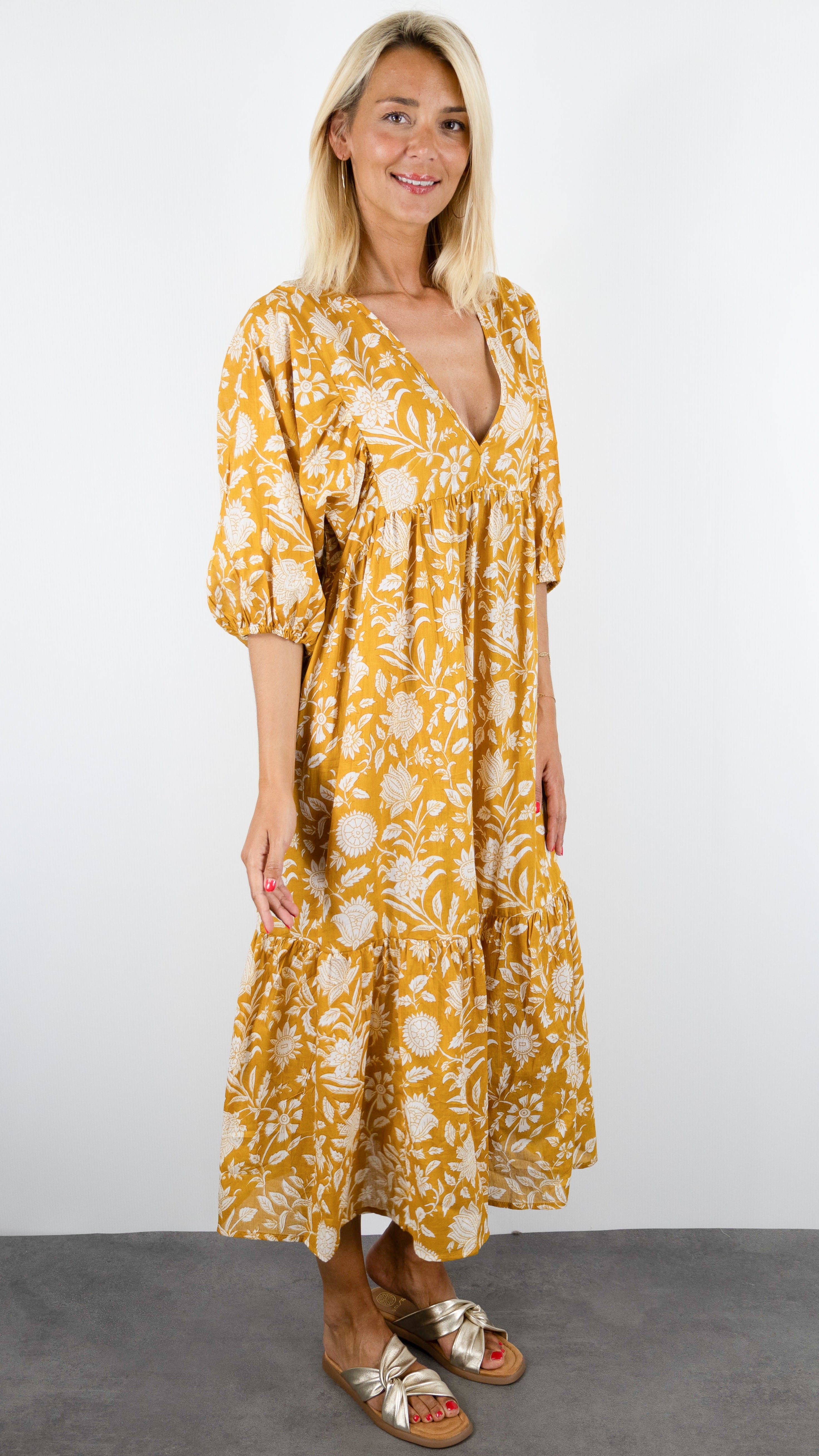 ROBE LONGUE IMPRIME FLEURI COLORES 4298.98#COLOR_YELLOW/SAFRAN
