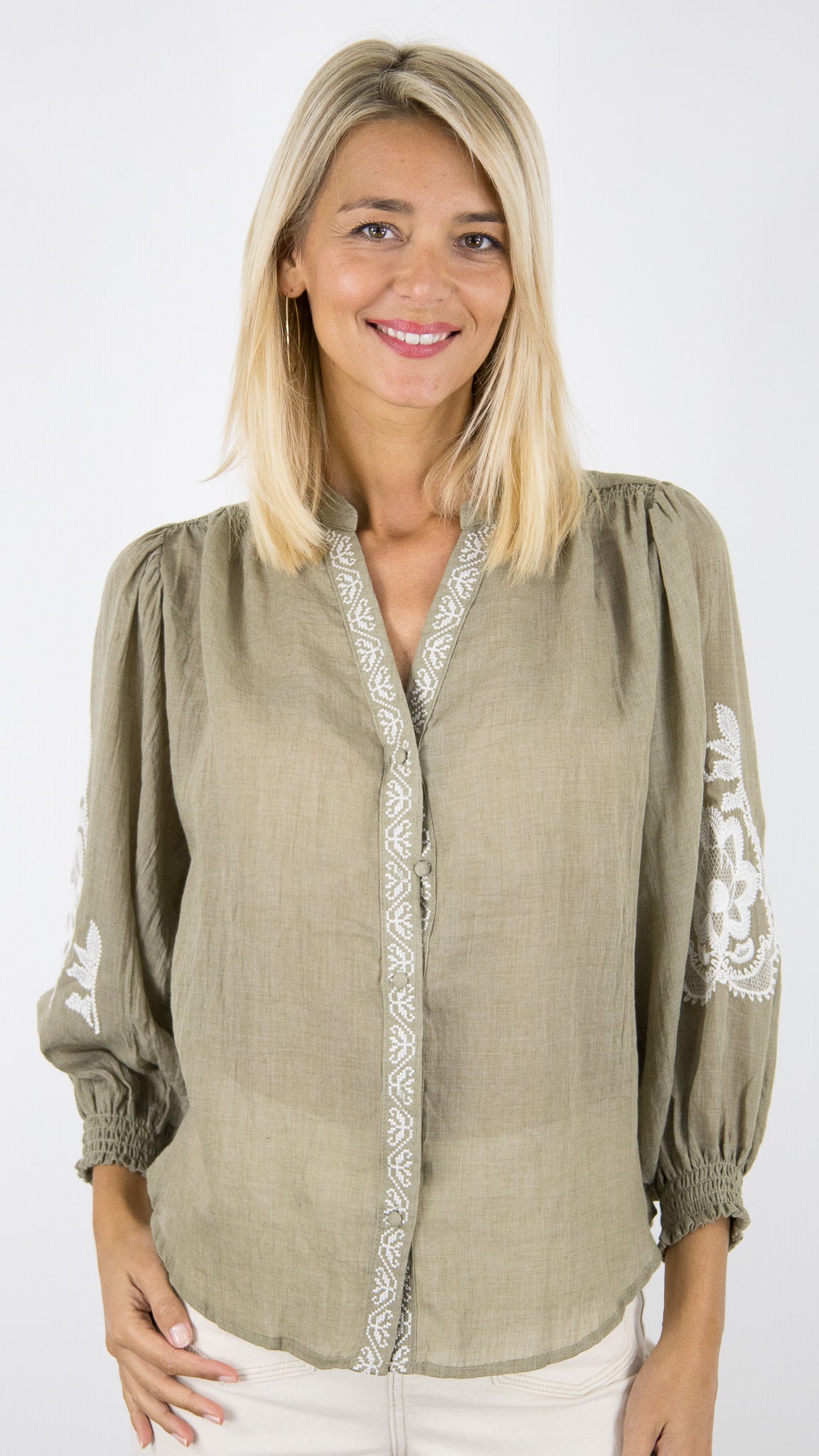 BLOUSE BRODEE KAKI POUR FEMME  YCOO 4719A 