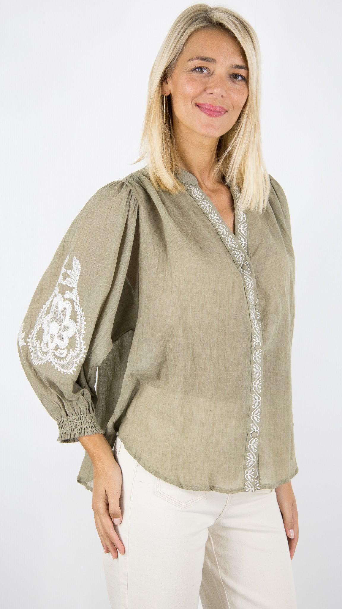 BLOUSE BRODEE KAKI POUR FEMME  YCOO 4719A 
